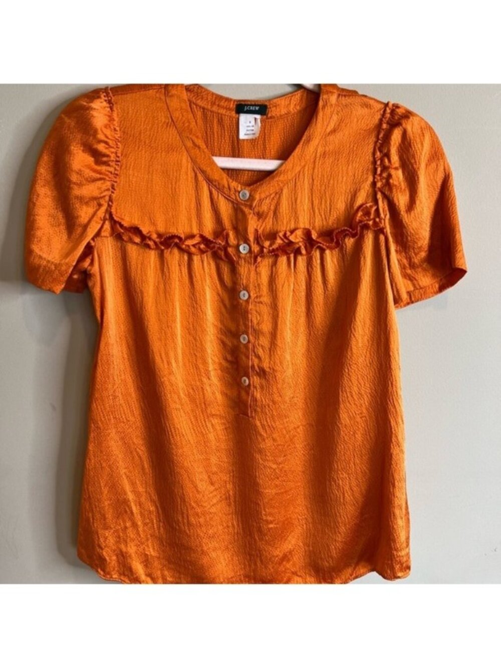 J. Crew Orange Marcella Silk Blouse Size 2 Partial Button Up Short Sleeve